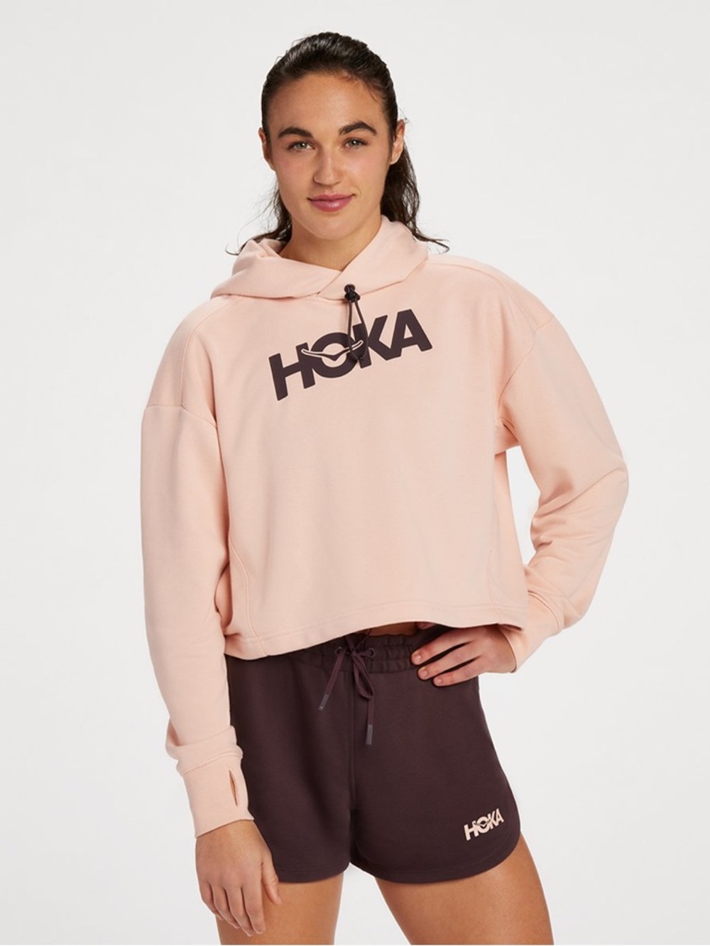 HOKA Pink Cropped French Terry Logo Pullover Hoodie Athleisure Running M